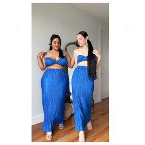 PrettyLittleThing Plus Blue Plise Maxi Skirt Pull-On Resort Coverup